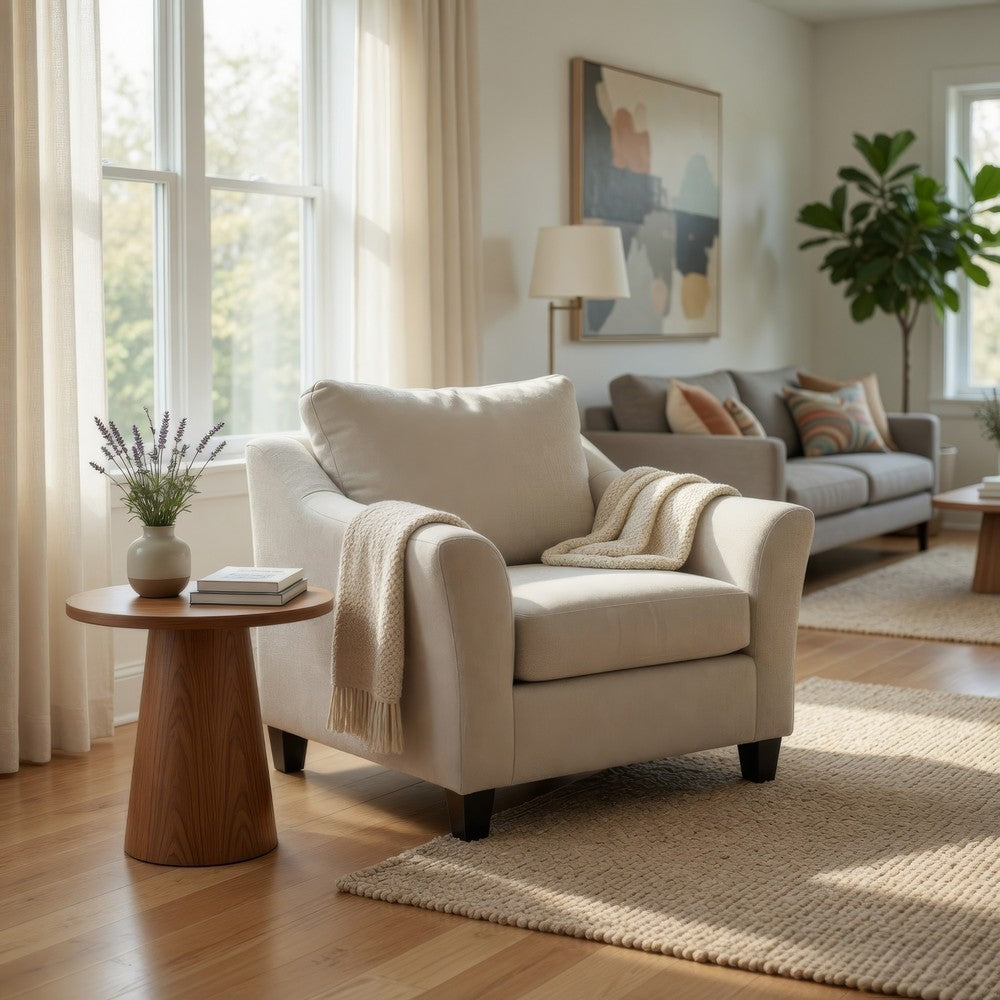 Wecy Oversize Armchair | Flared Arms & Tapered Black Legs | Taupe Polyester