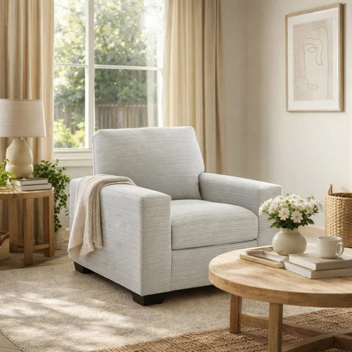 Geyn Sofa Armchair | Light Smoke Gray Polyester | Black Faux Wood Legs
