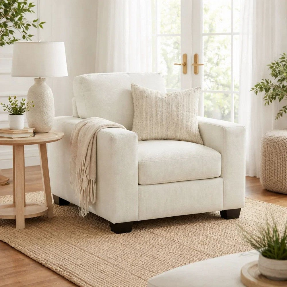 Geyn Sofa Armchair | Light Cream Ivory Polyester | Black Faux Wood Legs