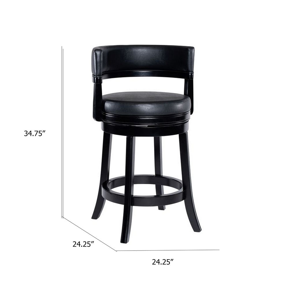 Bely Swivel Counter Stool Chair | Black Faux Leather Seat w Wood Legs