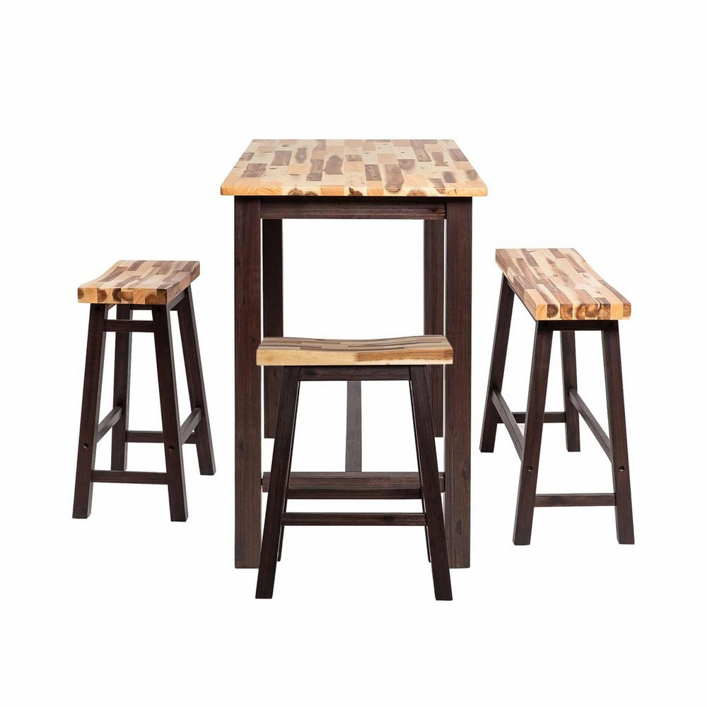 Amber 4pc Counter Height Table Set w 2 Stools | Natural Brown Wood Top