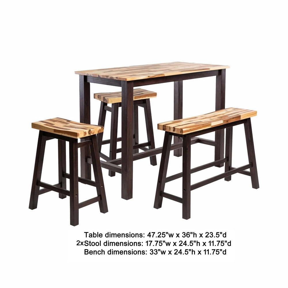 Amber 4pc Counter Height Table Set w 2 Stools | Natural Brown Wood Top
