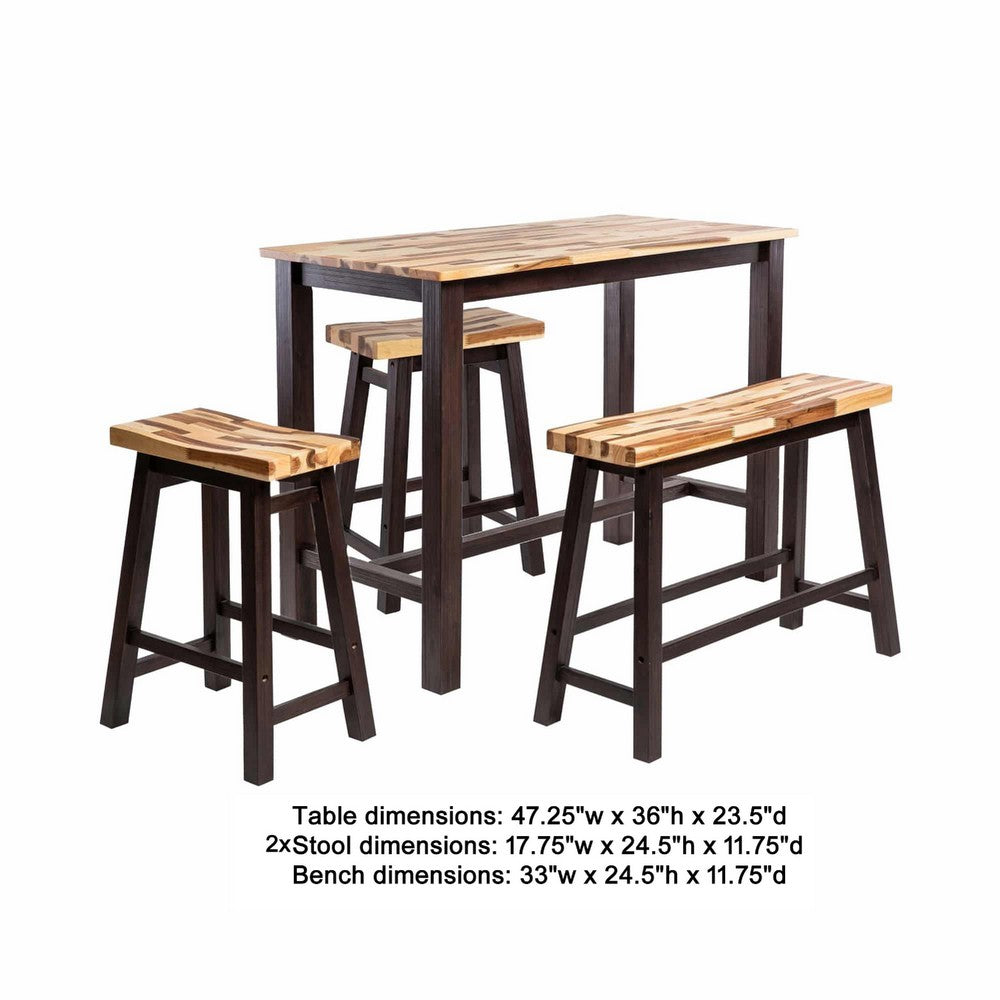 Amber 4pc Counter Height Table Set w 2 Stools | Natural Brown Wood Top