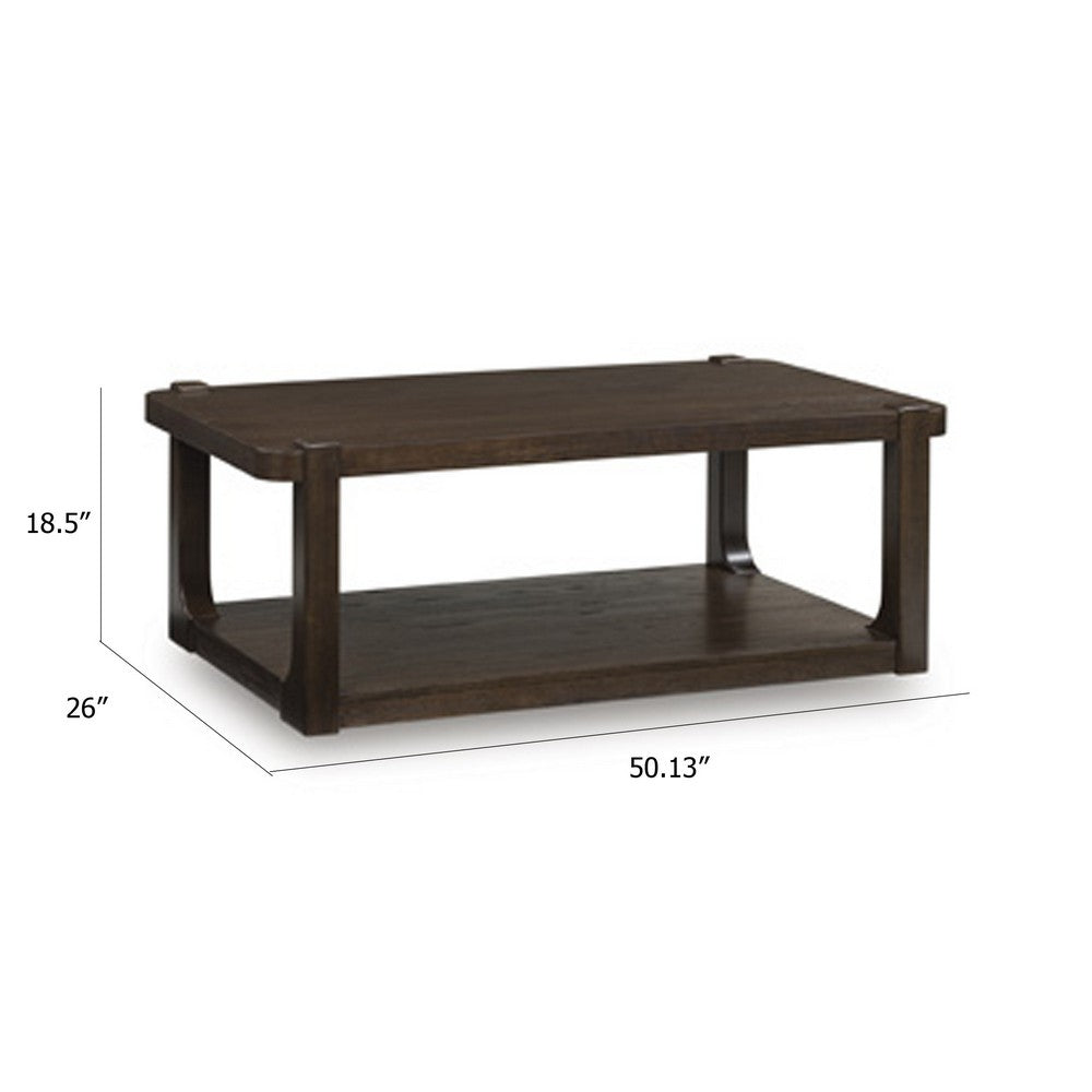 Kemu Coffee Table | 50" Rectangular Top w Lower Shelf | Dark Brown