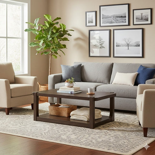 Kemu Coffee Table | 50" Rectangular Top w Lower Shelf | Dark Brown