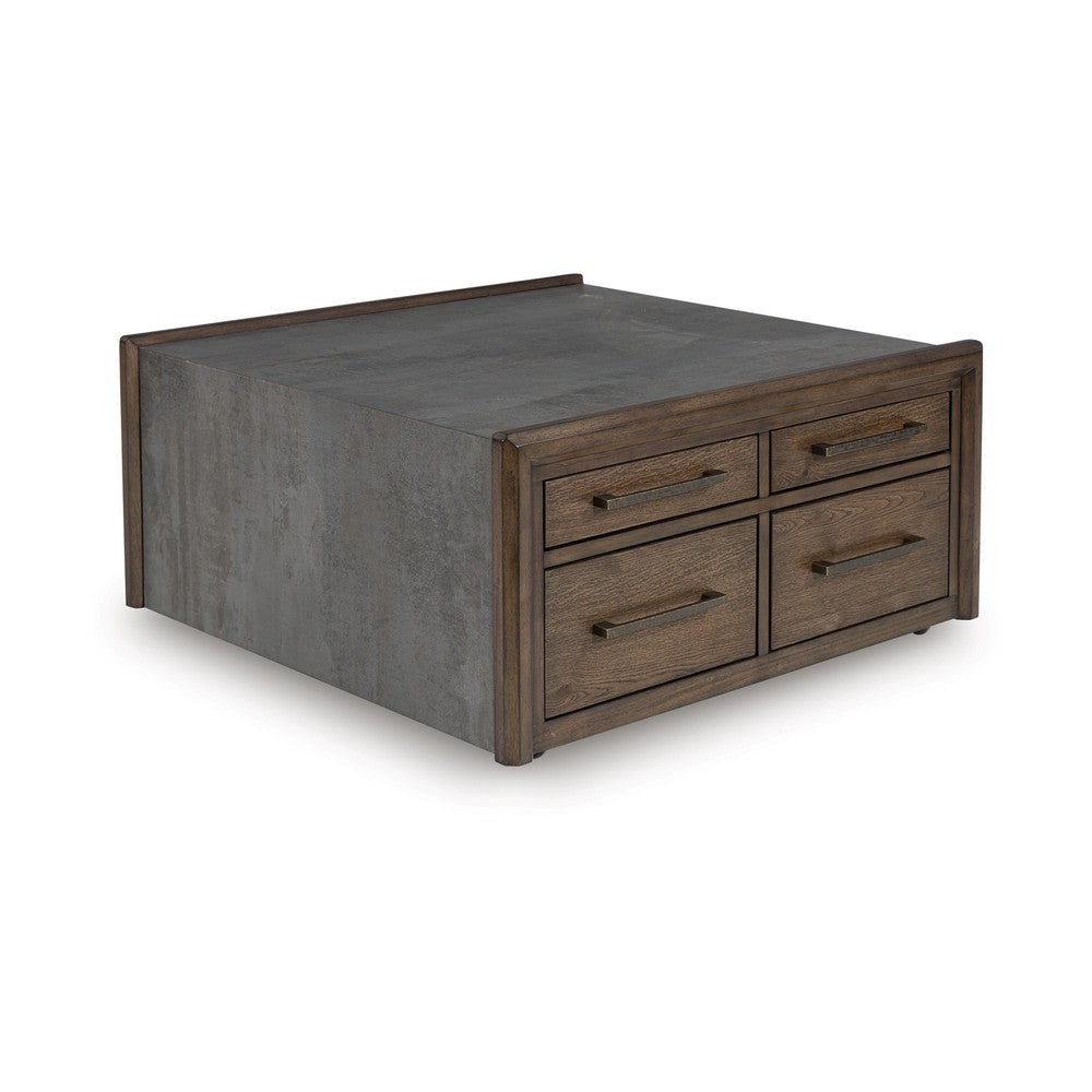 Kio Coffee Table | 40" Square Faux Cement Top & 8 Drawers | Brown