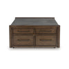 Kio Coffee Table | 40" Square Faux Cement Top & 8 Drawers | Brown