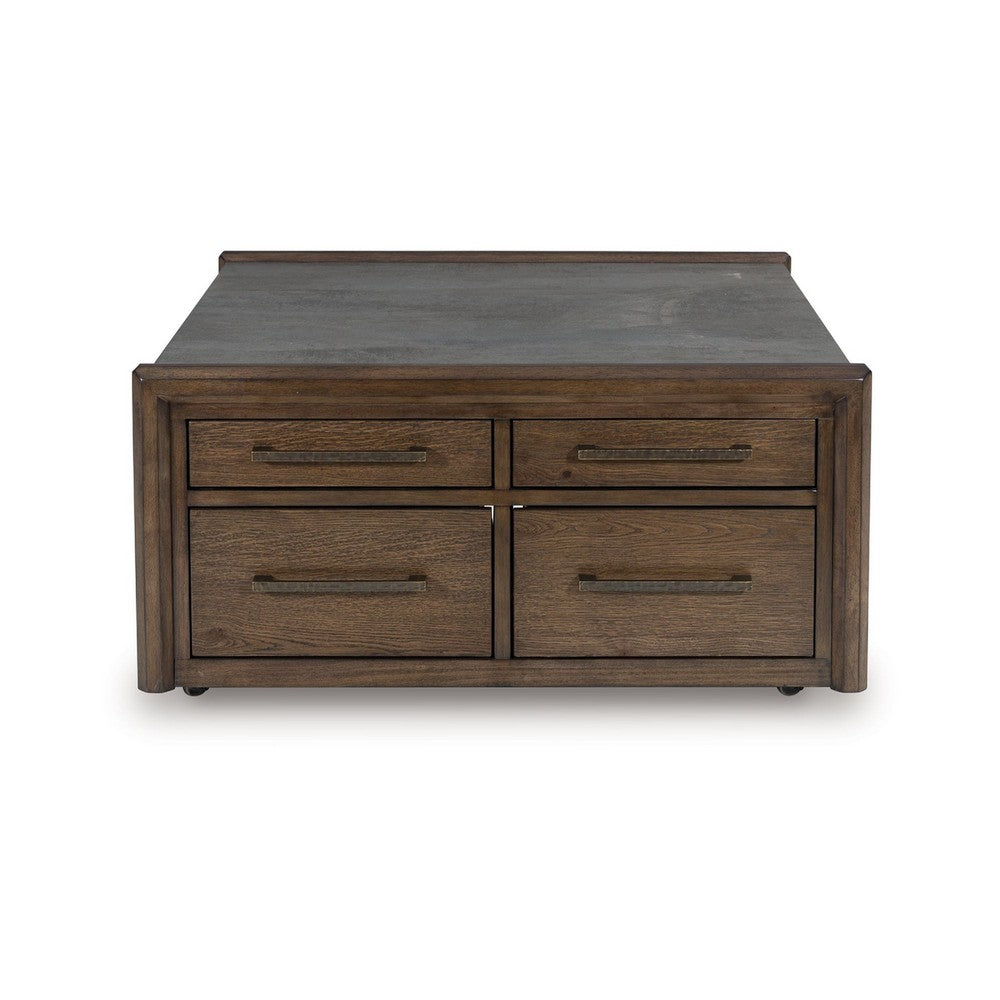 Kio Coffee Table | 40" Square Faux Cement Top & 8 Drawers | Brown
