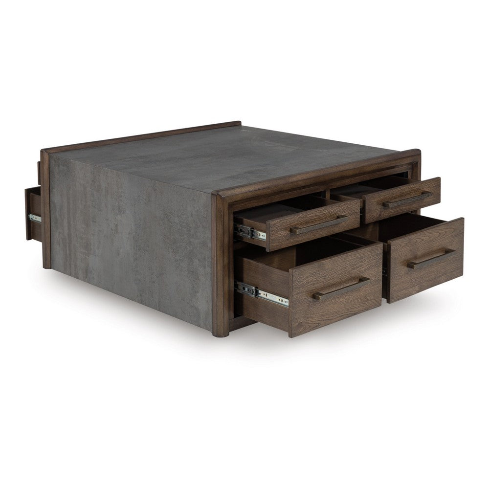 Kio Coffee Table | 40" Square Faux Cement Top & 8 Drawers | Brown