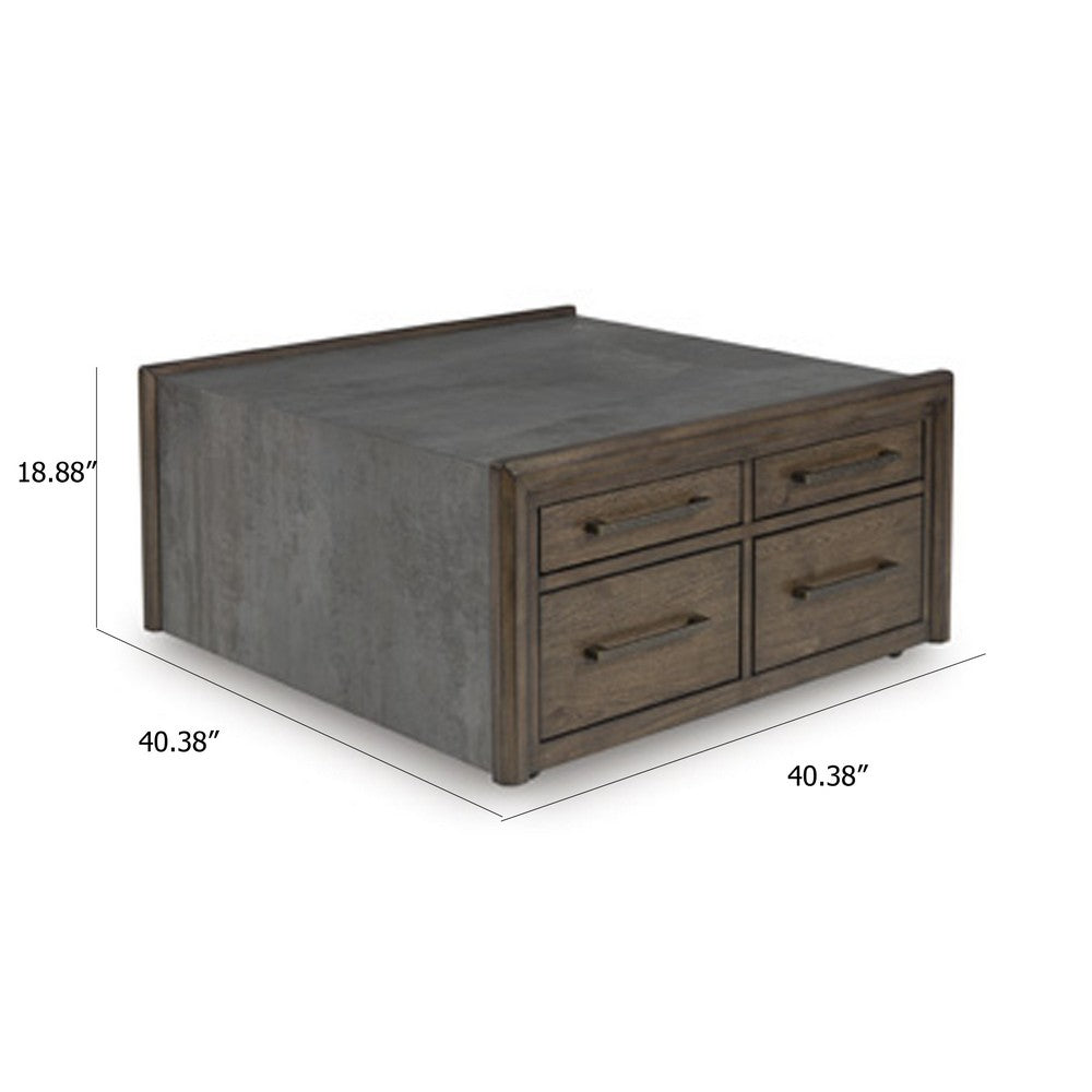 Kio Coffee Table | 40" Square Faux Cement Top & 8 Drawers | Brown