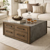 Kio Coffee Table | 40" Square Faux Cement Top & 8 Drawers | Brown