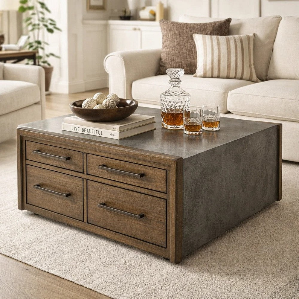 Kio Coffee Table | 40" Square Faux Cement Top & 8 Drawers | Brown