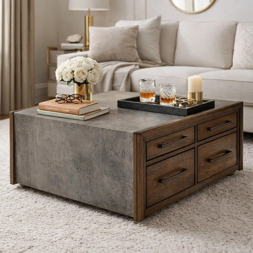Kio Coffee Table | 40" Square Faux Cement Top & 8 Drawers | Brown