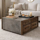 Kio Coffee Table | 40" Square Faux Cement Top & 8 Drawers | Brown