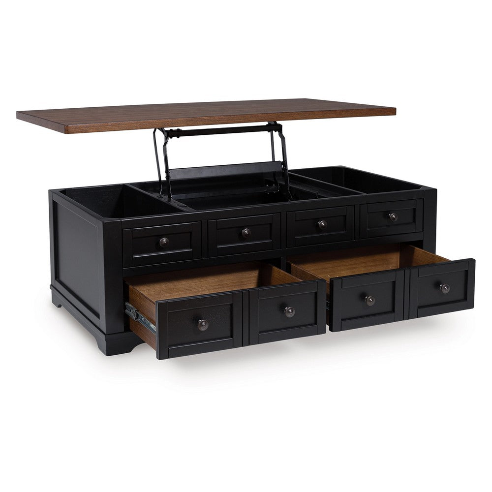 Fleur Coffee Table | 52" Brown Wood Lift Top | 2 Drawer | Satin Black