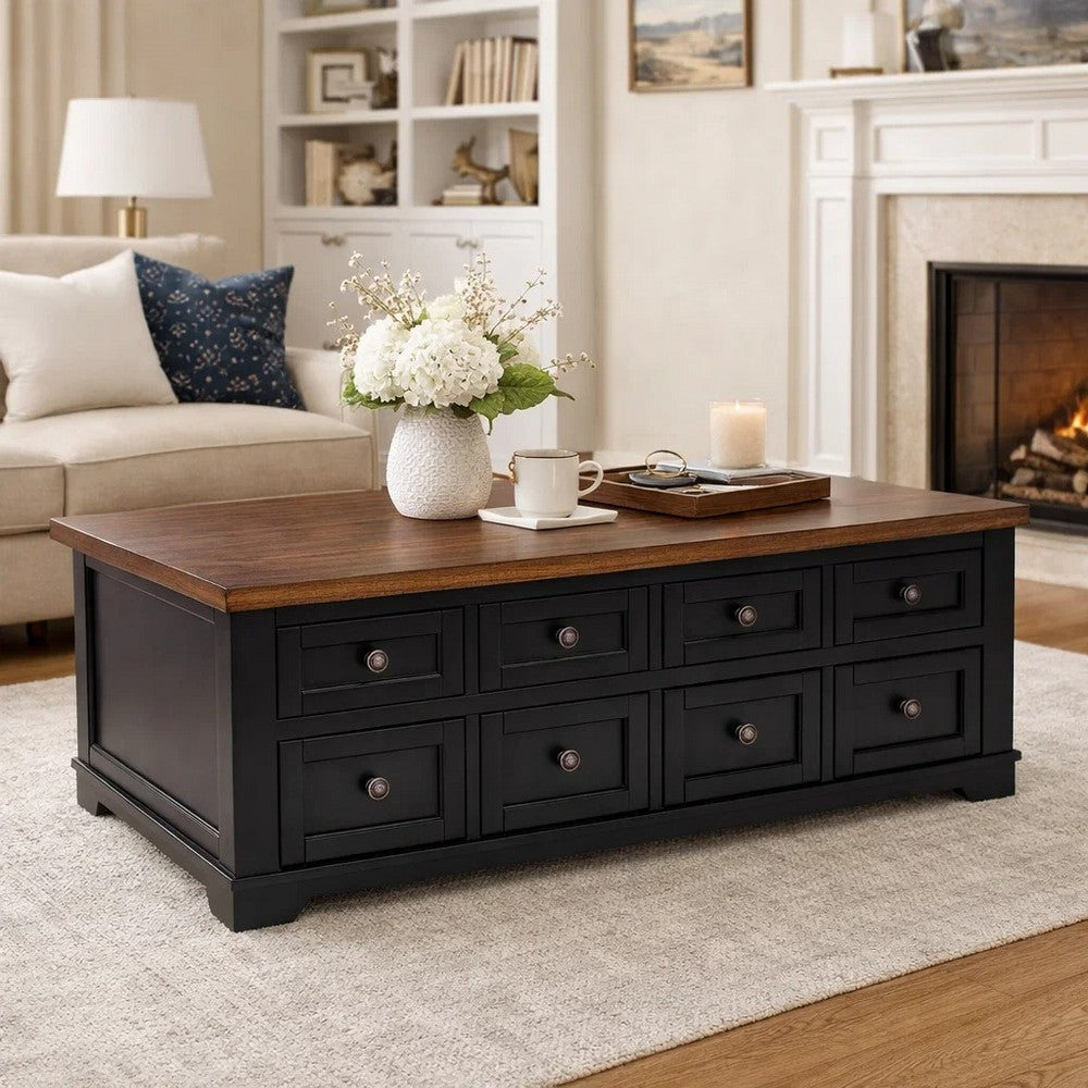 Fleur Coffee Table | 52" Brown Wood Lift Top | 2 Drawer | Satin Black