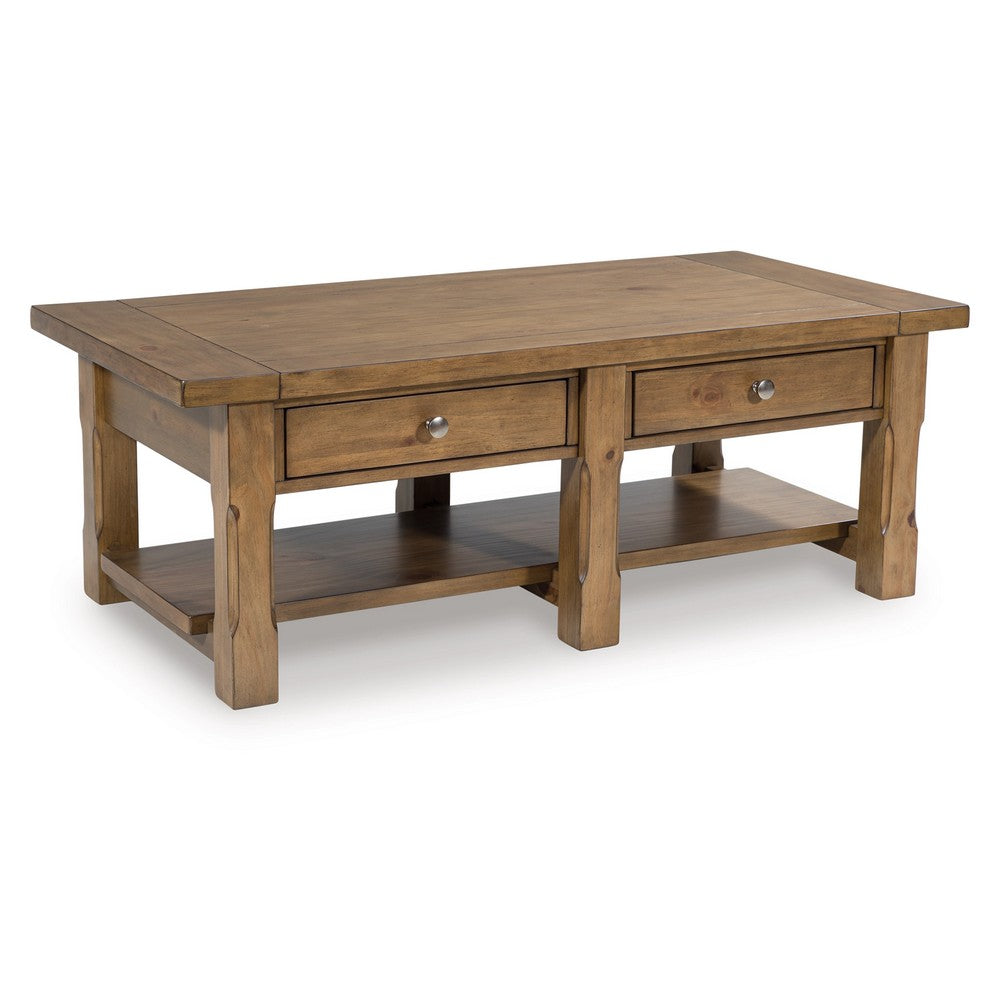 Vory Coffee Table | 54" Top w 2 Drawers | Lower Shelf | Medium Brown