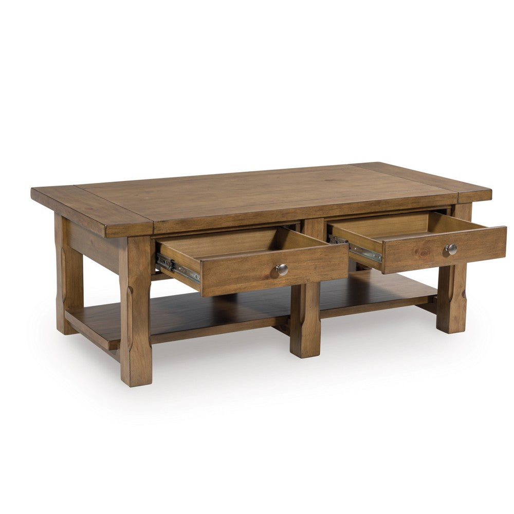 Vory Coffee Table | 54" Top w 2 Drawers | Lower Shelf | Medium Brown