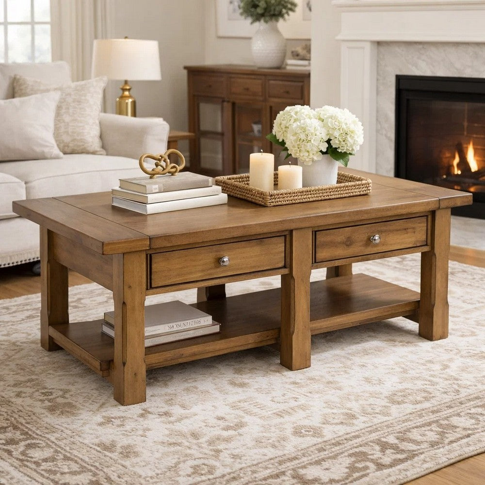 Vory Coffee Table | 54" Top w 2 Drawers | Lower Shelf | Medium Brown