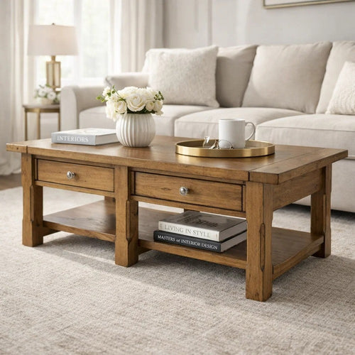 Vory Coffee Table | 54" Top w 2 Drawers | Lower Shelf | Medium Brown