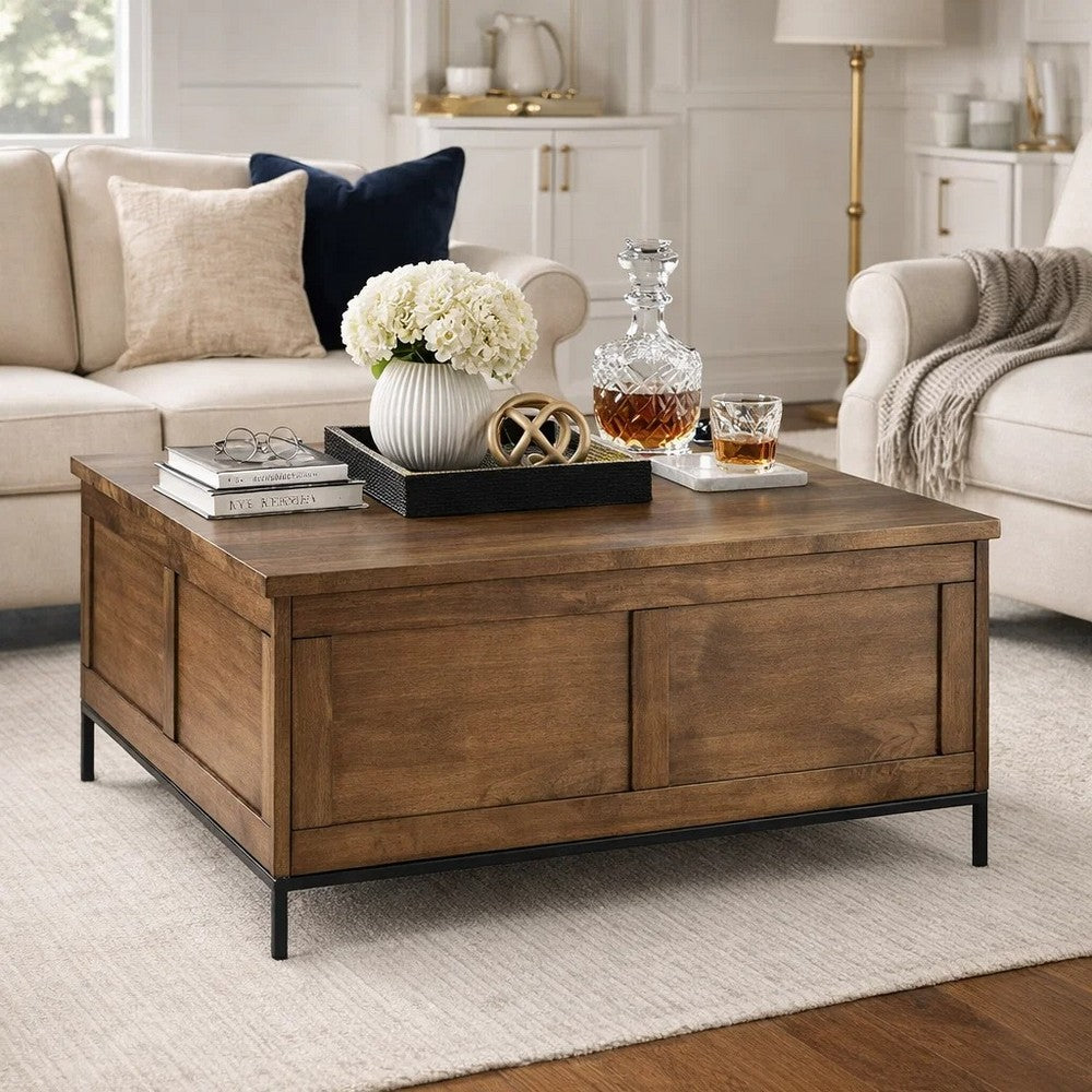 Tory Coffee Table | 36" Square Brown Lift Top | Black Steel Legs
