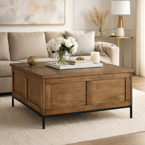 Tory Coffee Table | 36" Square Brown Lift Top | Black Steel Legs