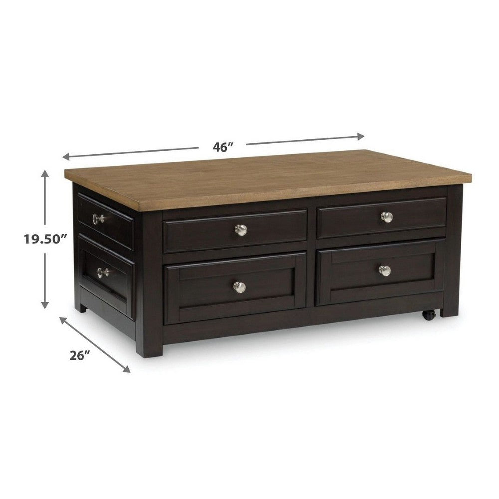 Zory Coffee Table | 46" Rectangular Lift Top | 4 Drawers | Brown