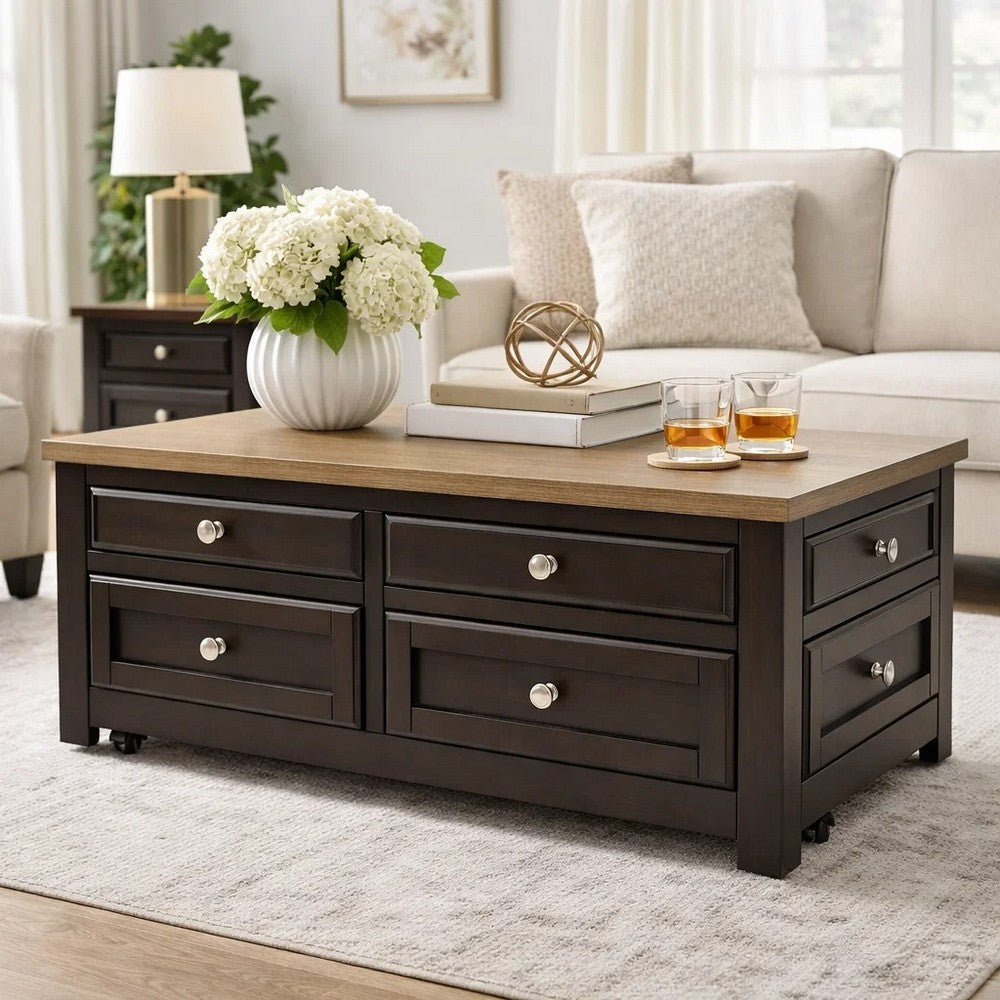 Zory Coffee Table | 46" Rectangular Lift Top | 4 Drawers | Brown