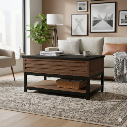 Kely Coffee Table | 48" Rectangular Lift Top | Lower Shelf | Brown