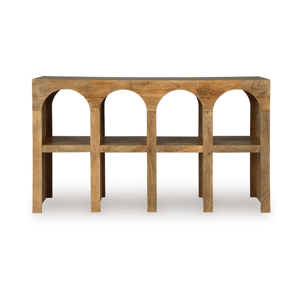 Soi Sofa Console Table | 52" Arch Design | 4 Shelves | Natural Brown