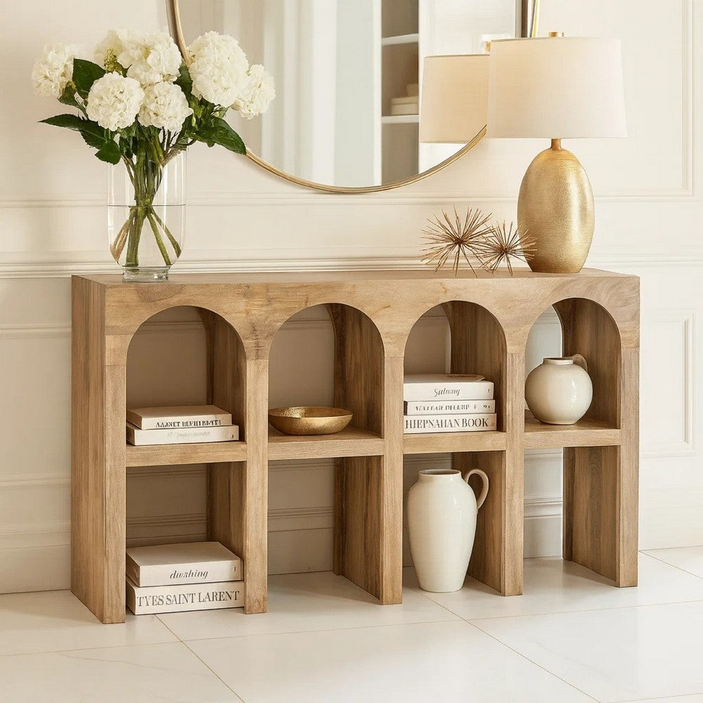 Soi Sofa Console Table | 52" Arch Design | 4 Shelves | Natural Brown
