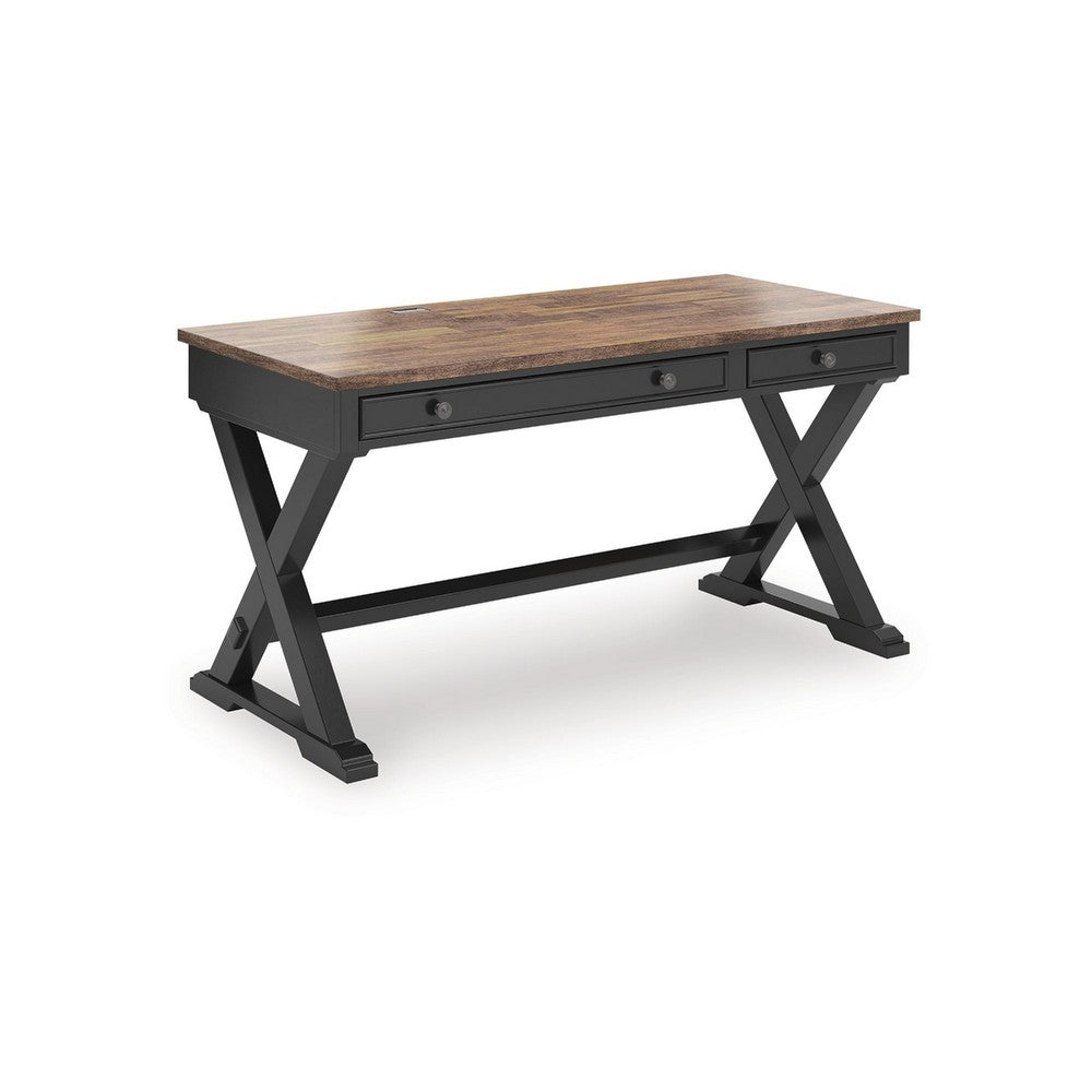 Fleur Office Desk | 60" Brown Top | 2 Drawers | Black Metal X Base