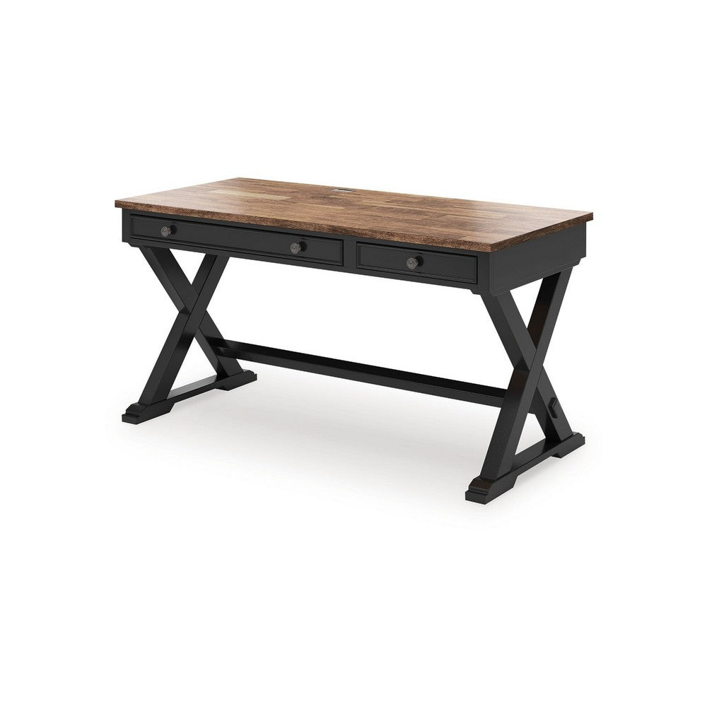 Fleur Office Desk | 60" Brown Top | 2 Drawers | Black Metal X Base