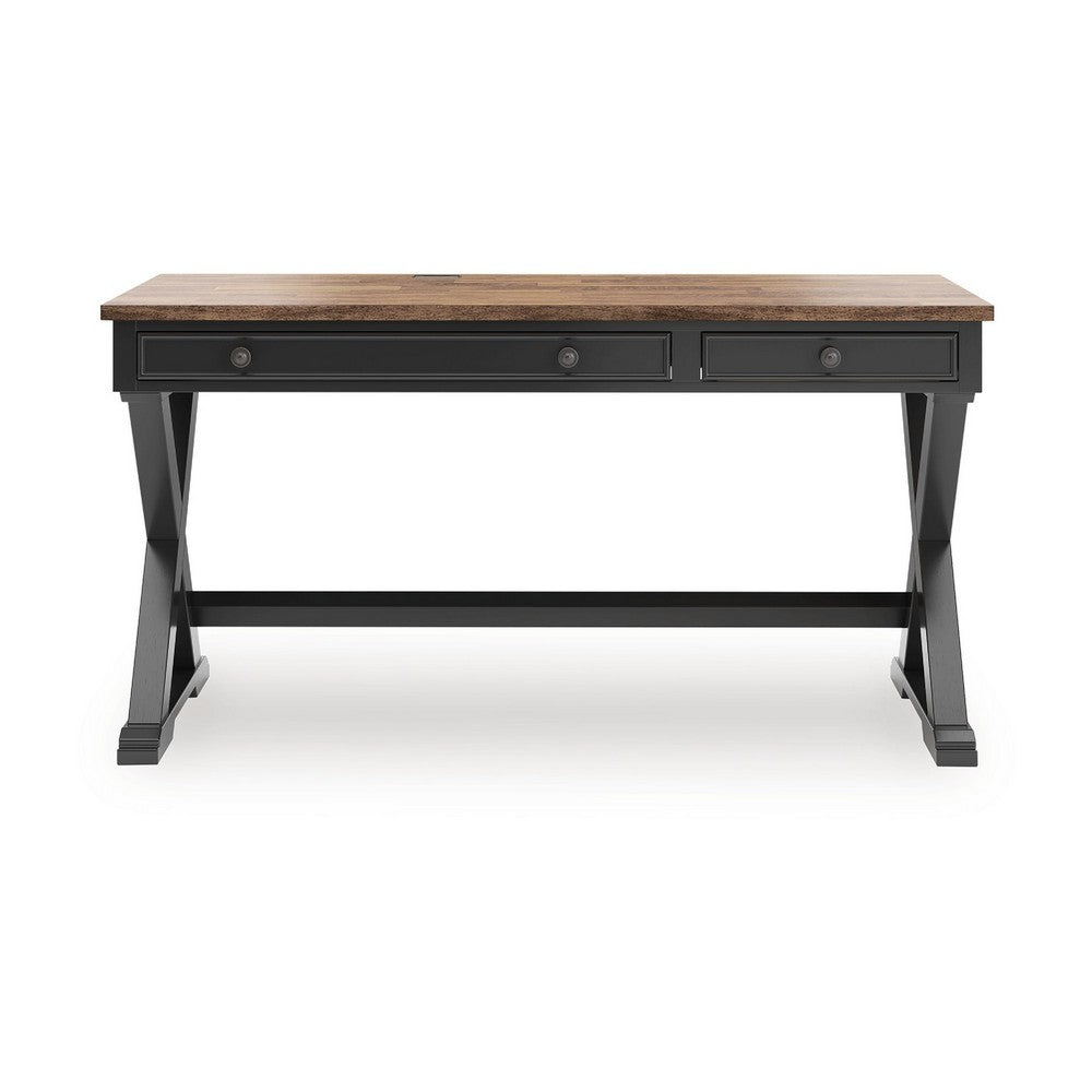 Fleur Office Desk | 60" Brown Top | 2 Drawers | Black Metal X Base