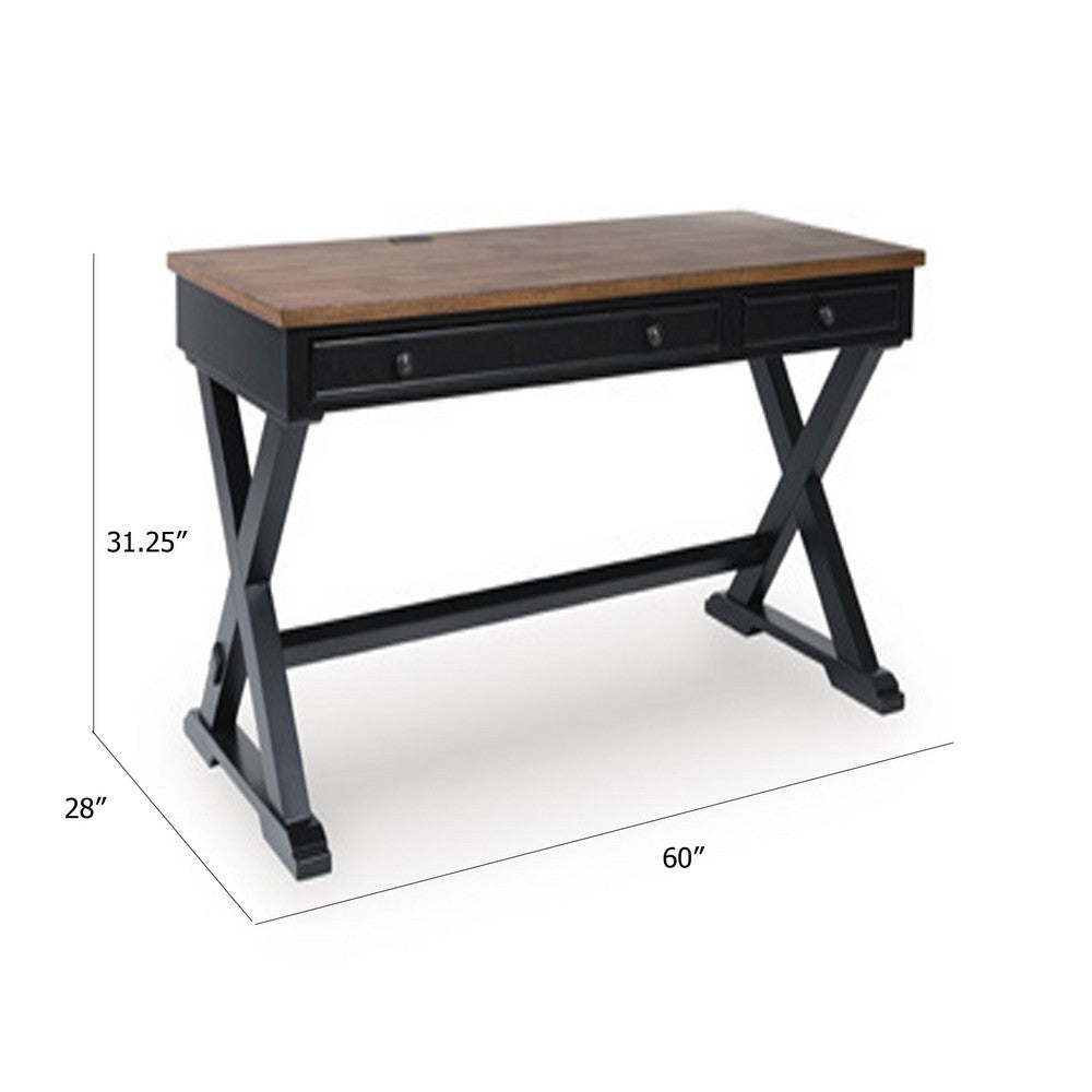 Fleur Office Desk | 60" Brown Top | 2 Drawers | Black Metal X Base