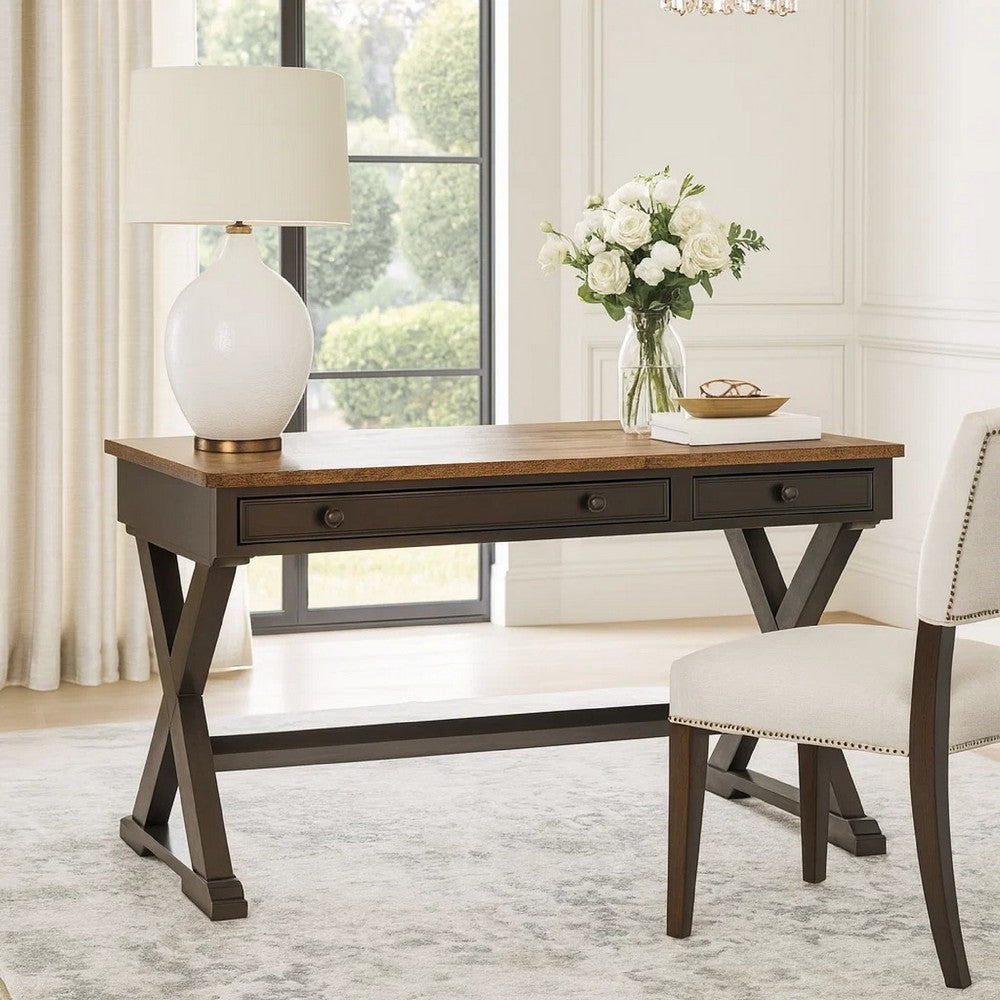 Fleur Office Desk | 60" Brown Top | 2 Drawers | Black Metal X Base