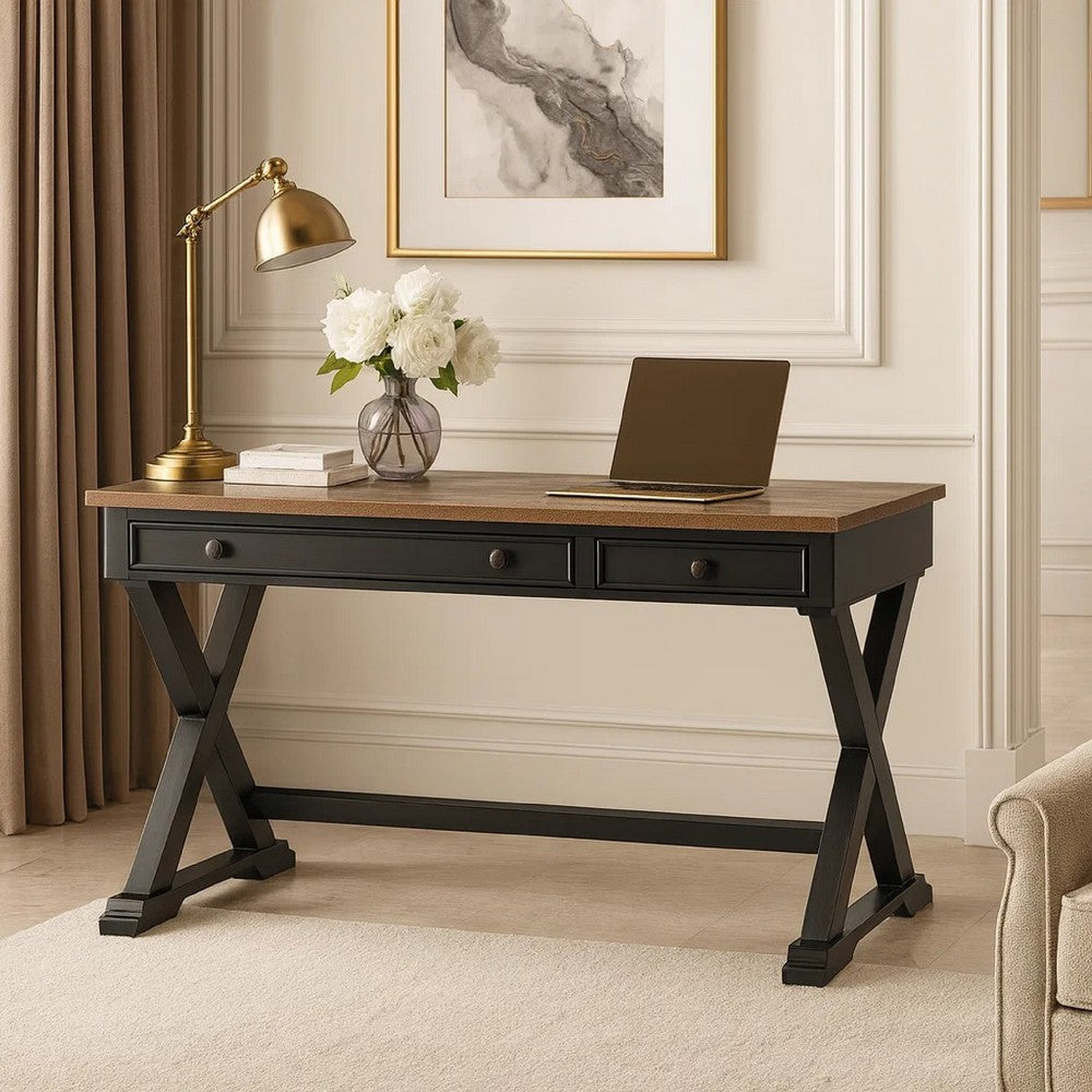 Fleur Office Desk | 60" Brown Top | 2 Drawers | Black Metal X Base