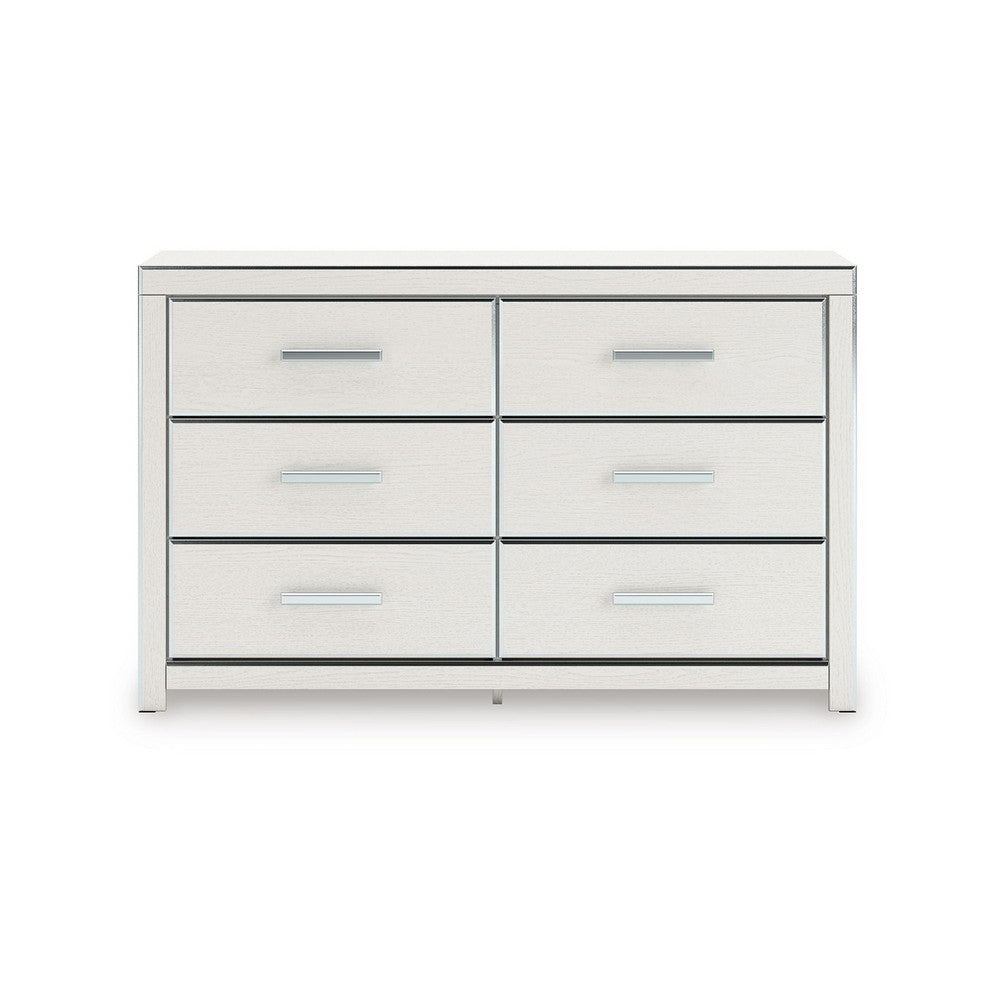 Zura Wide Dresser | 6 Drawers | Faceted Chrome Handles | Matte White Wood