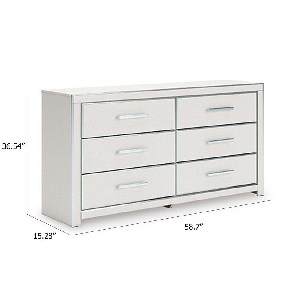 Zura Wide Dresser | 6 Drawers | Faceted Chrome Handles | Matte White Wood