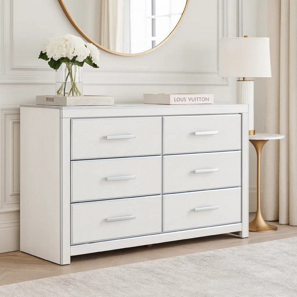 Zura Wide Dresser | 6 Drawers | Faceted Chrome Handles | Matte White Wood