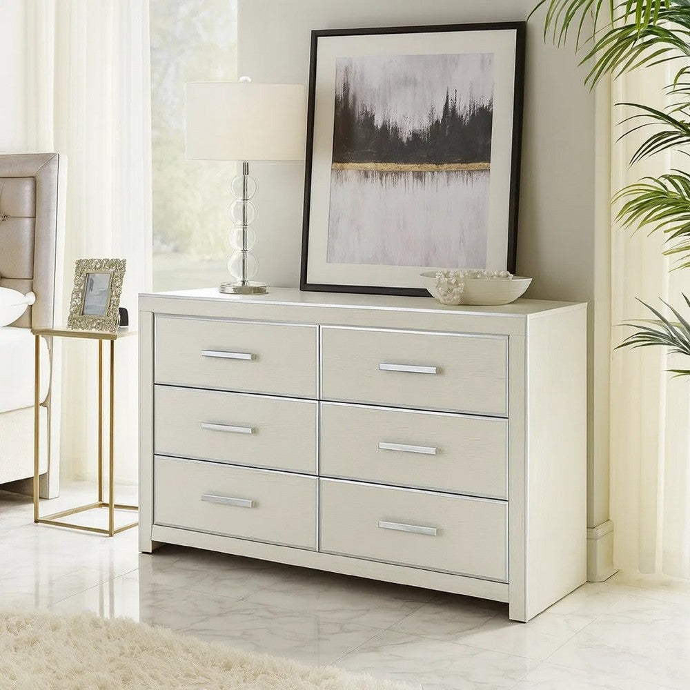 Zura Wide Dresser | 6 Drawers | Faceted Chrome Handles | Matte White Wood