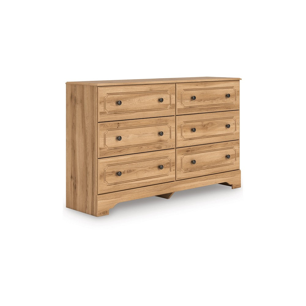Alia Wide Dresser | 6 Drawers | Vintage Style Nickel Knobs | Brown Wood
