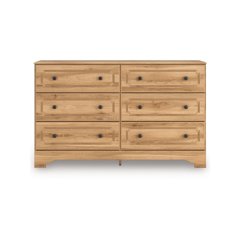 Alia Wide Dresser | 6 Drawers | Vintage Style Nickel Knobs | Brown Wood