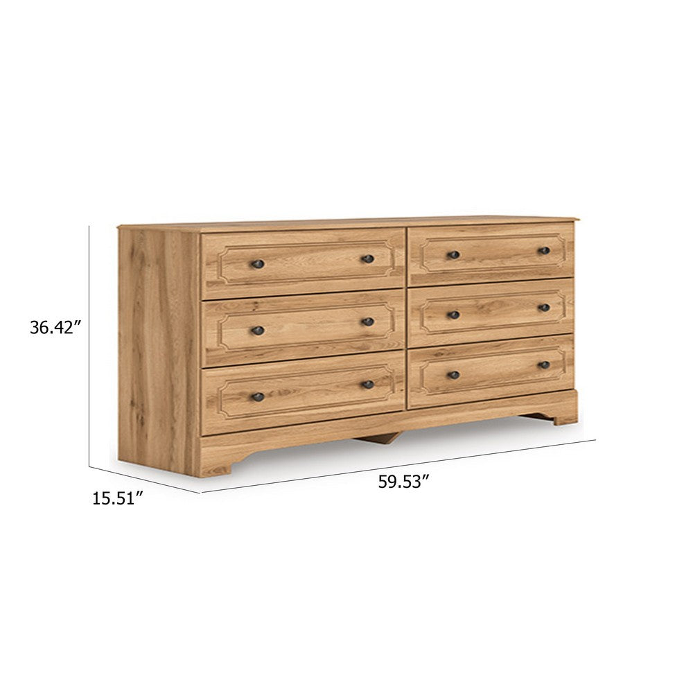 Alia Wide Dresser | 6 Drawers | Vintage Style Nickel Knobs | Brown Wood