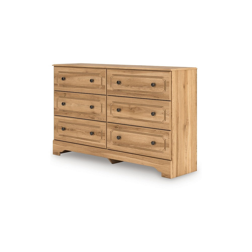 Alia Wide Dresser | 6 Drawers | Vintage Style Nickel Knobs | Brown Wood