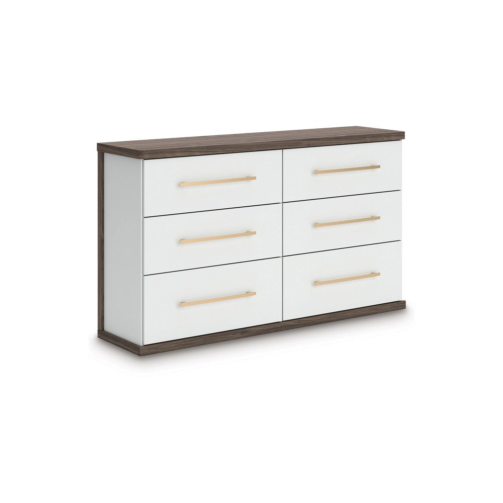 Keny Wide Dresser | 6 Drawers | Champagne Handles | White & Brown Wood