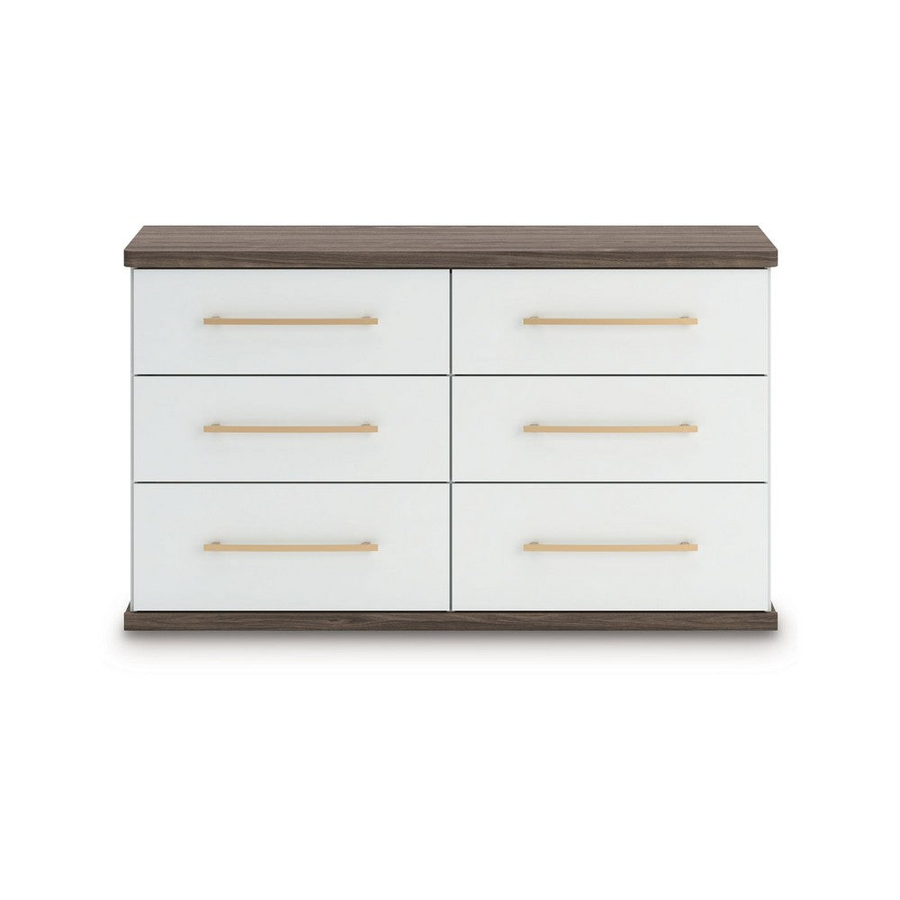 Keny Wide Dresser | 6 Drawers | Champagne Handles | White & Brown Wood