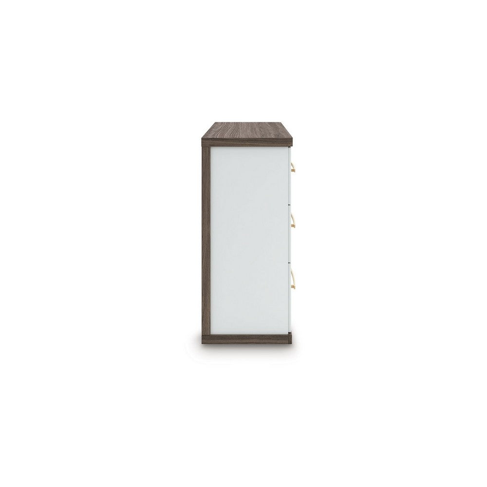 Keny Wide Dresser | 6 Drawers | Champagne Handles | White & Brown Wood