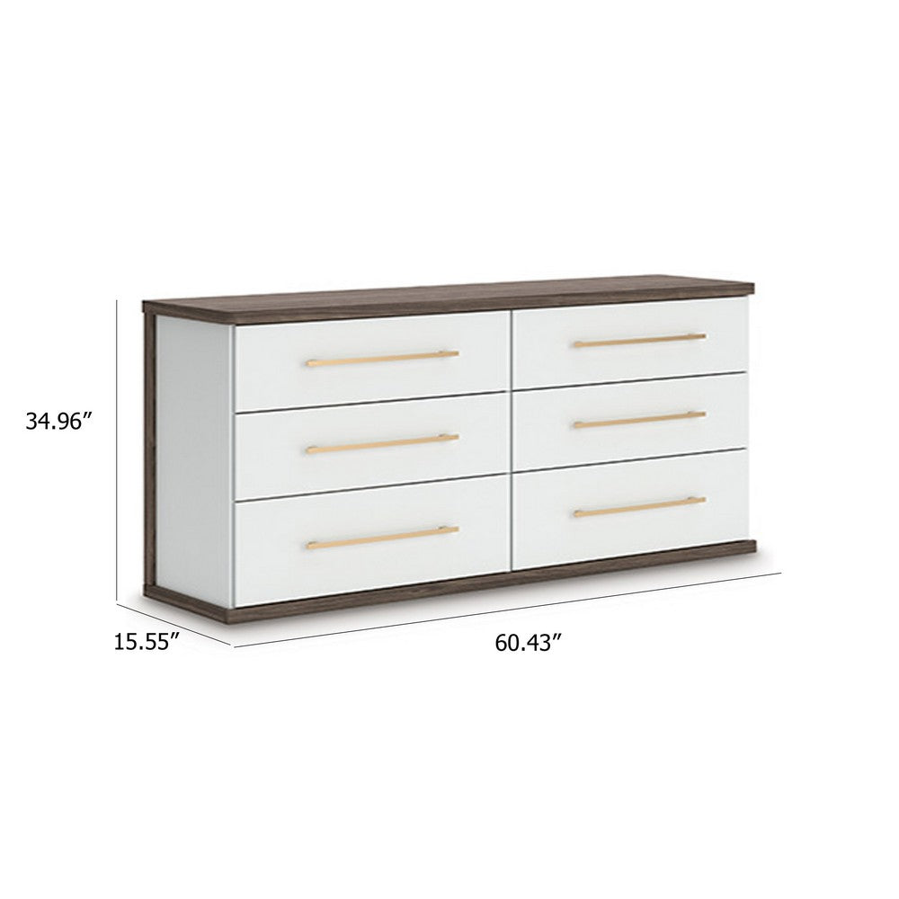 Keny Wide Dresser | 6 Drawers | Champagne Handles | White & Brown Wood