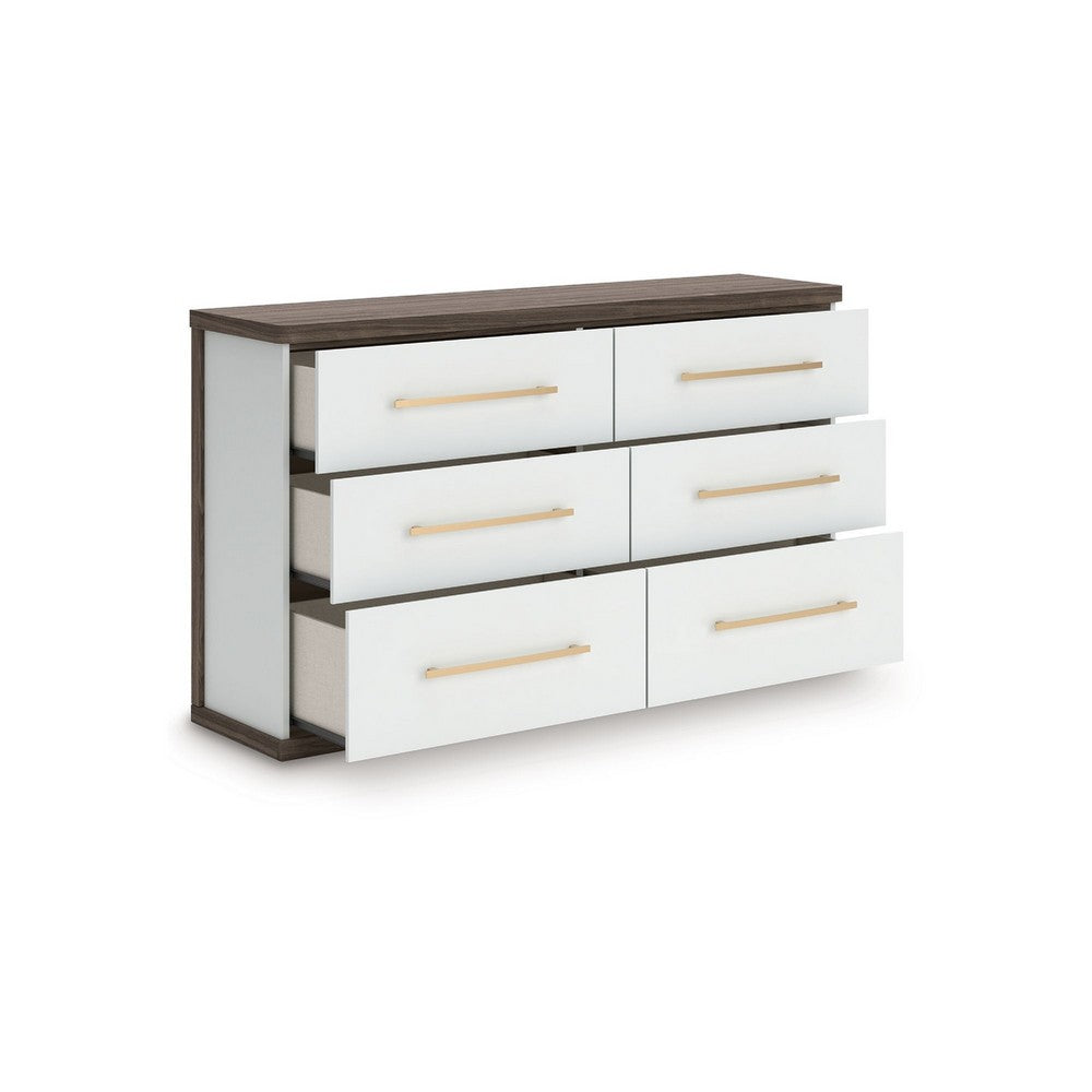 Keny Wide Dresser | 6 Drawers | Champagne Handles | White & Brown Wood